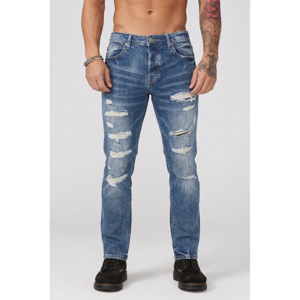 Amiri Leopard Thrasher Jeans Mens 34 Blue Skinny Fit Distressed Denim C-2341